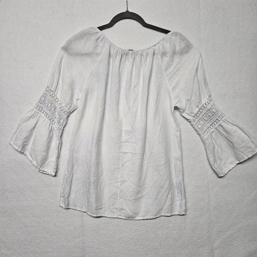 Alessia Pacini White Linen Top Lace Crochet Bell Sleeve Blouse Small